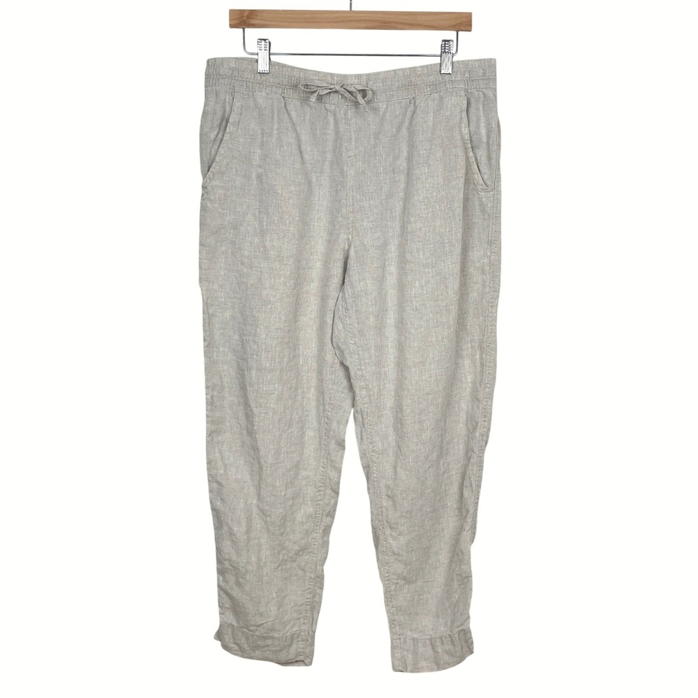 LL Bean‎ Beige Linen Pull On Cropped Pants Womens 14 Coastal Minimalist Earthy